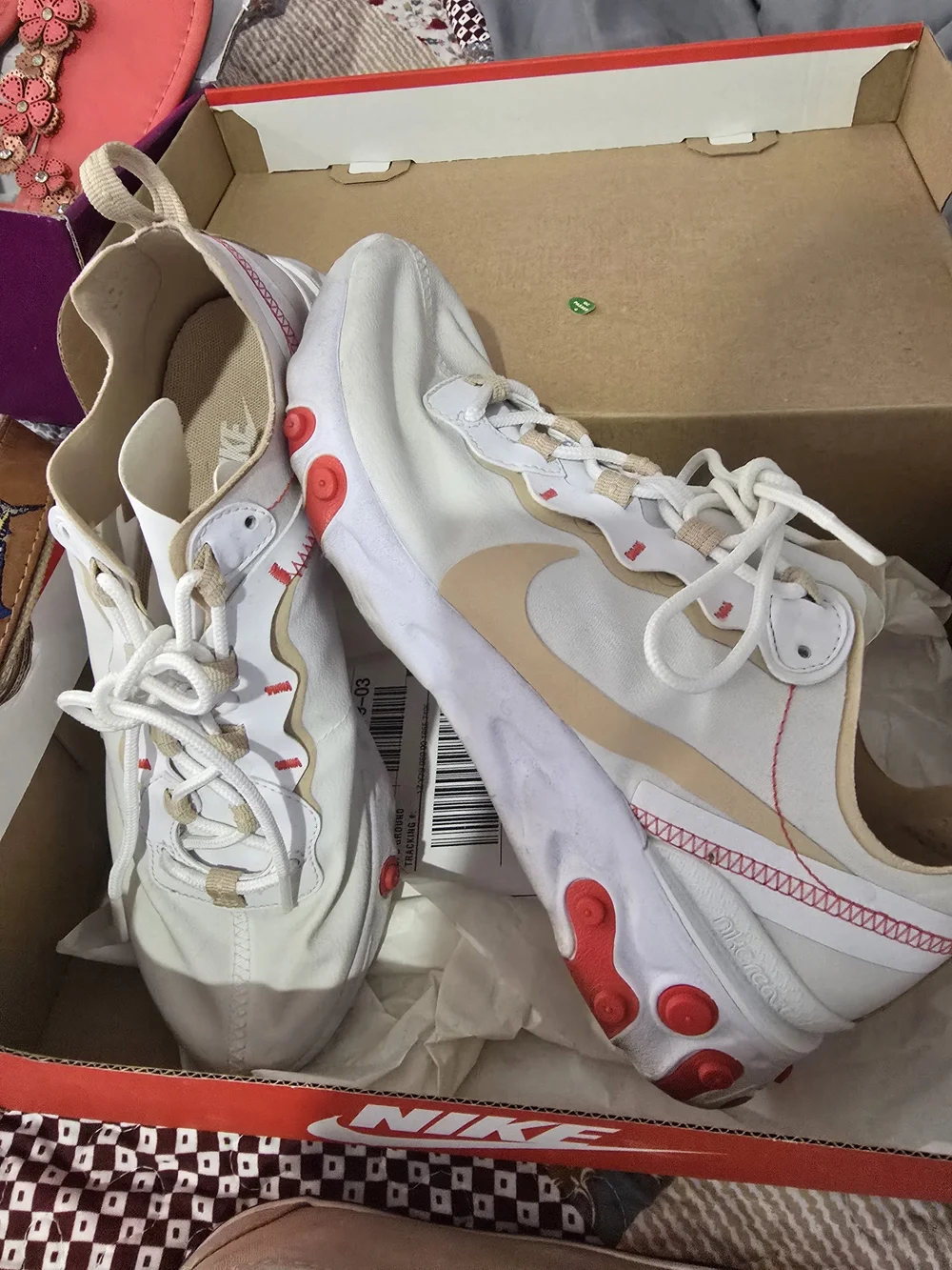 Nike React Element 55 Sneakers in White, Beige, and Coral Accents